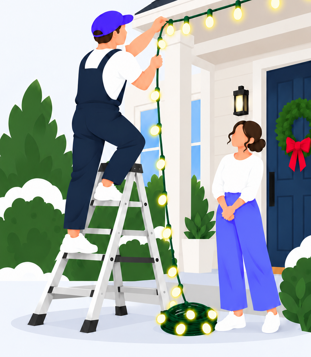 A person on a ladder hanging string lights on a neighbor's porch while she watches
