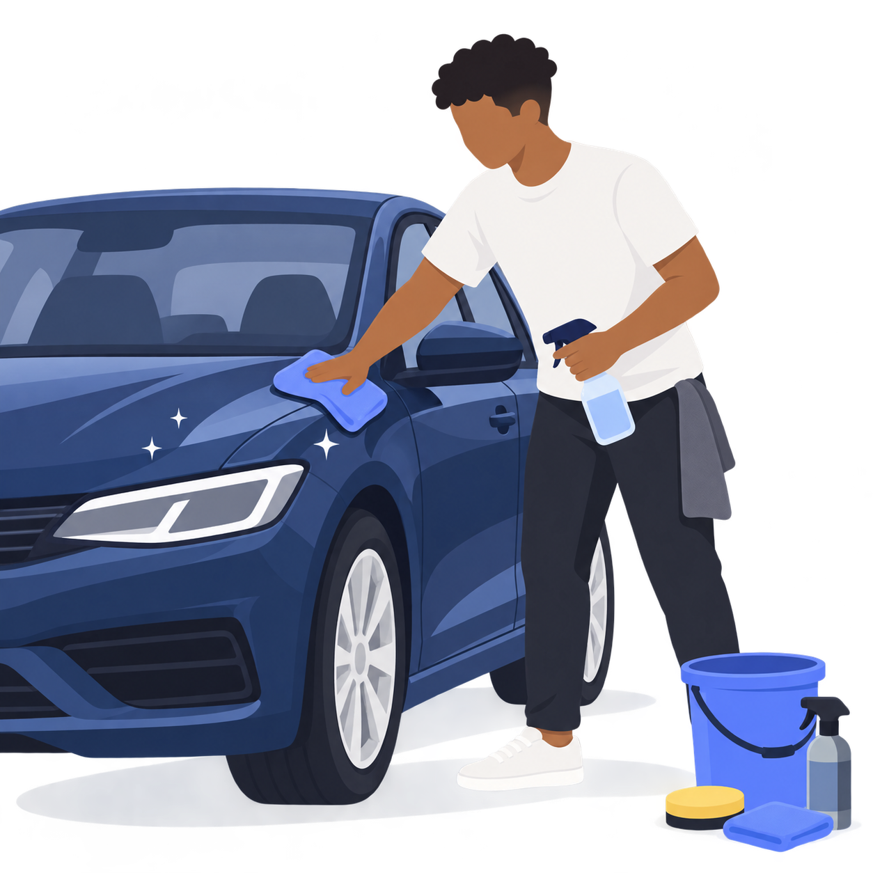 A person detailing a car with a cloth and cleaning supplies