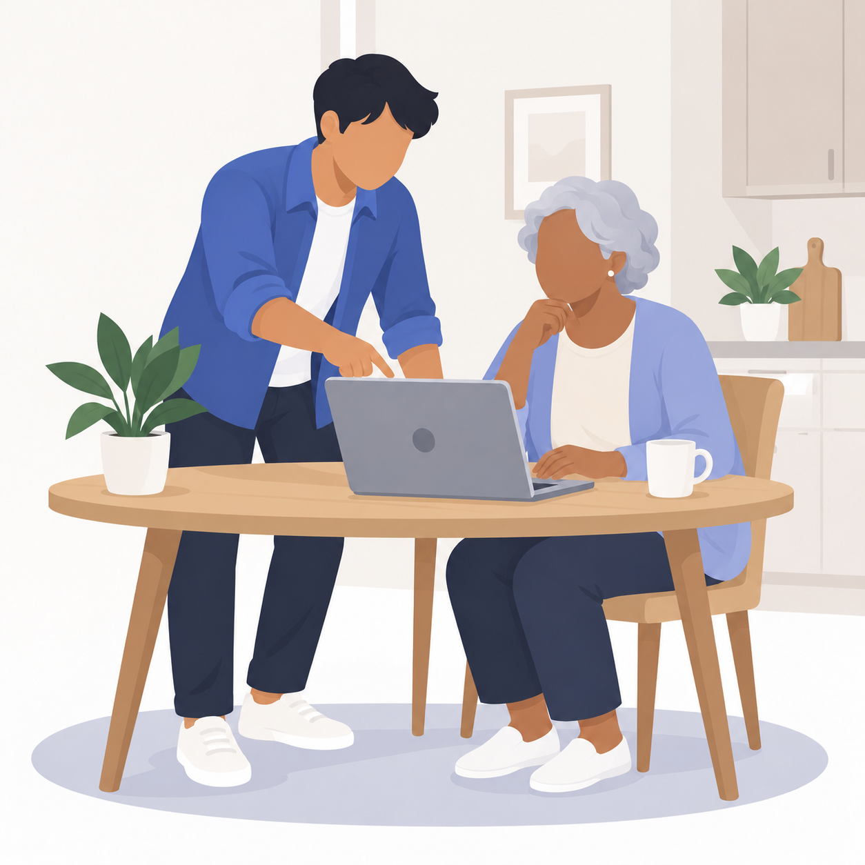 A young person helping an older woman use a laptop